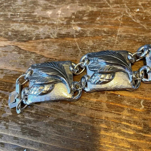 Vintage 3D Leaf Chunky Charm Sterling Silver Bracelet Women’s Length 7” - Picture 4 of 5